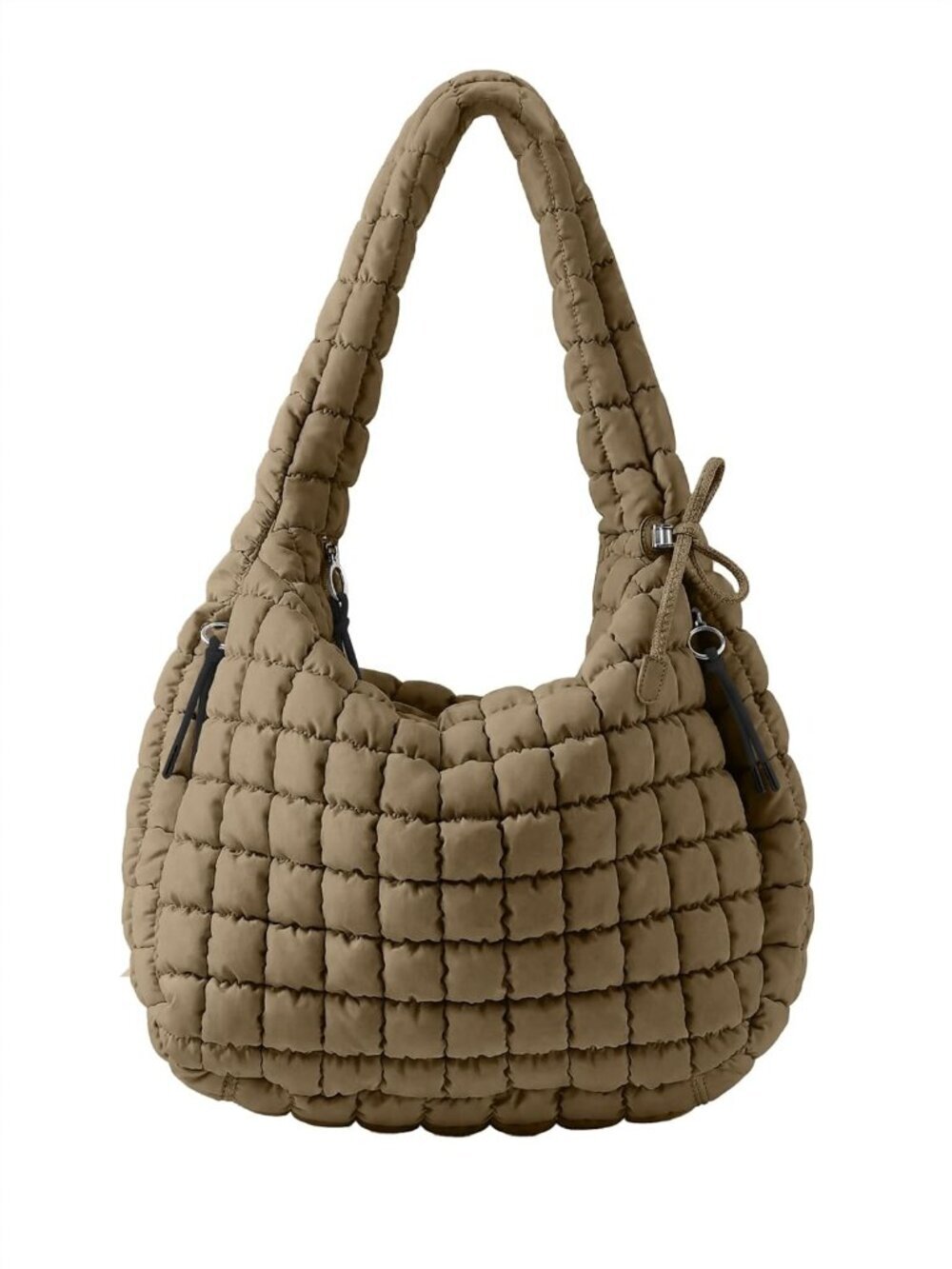 Women Brown Quilted Tote Puffer Lightweight Zipper Nylon Crossbody Handbag